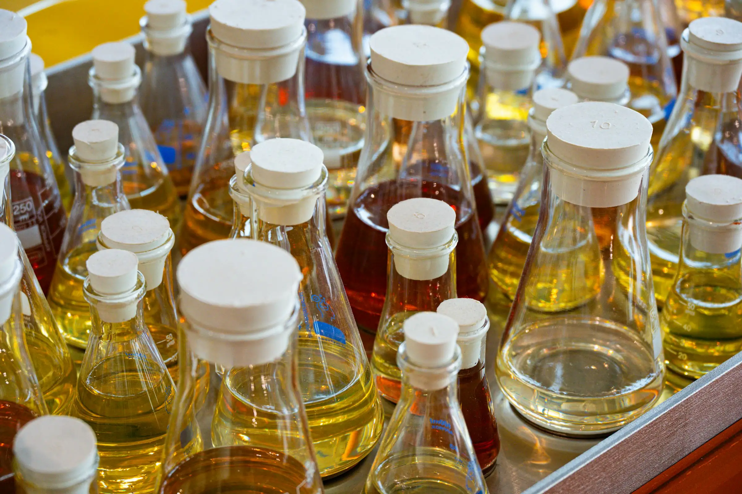 Rows of glass flasks and bottles filled with amber and clear chemical liquids