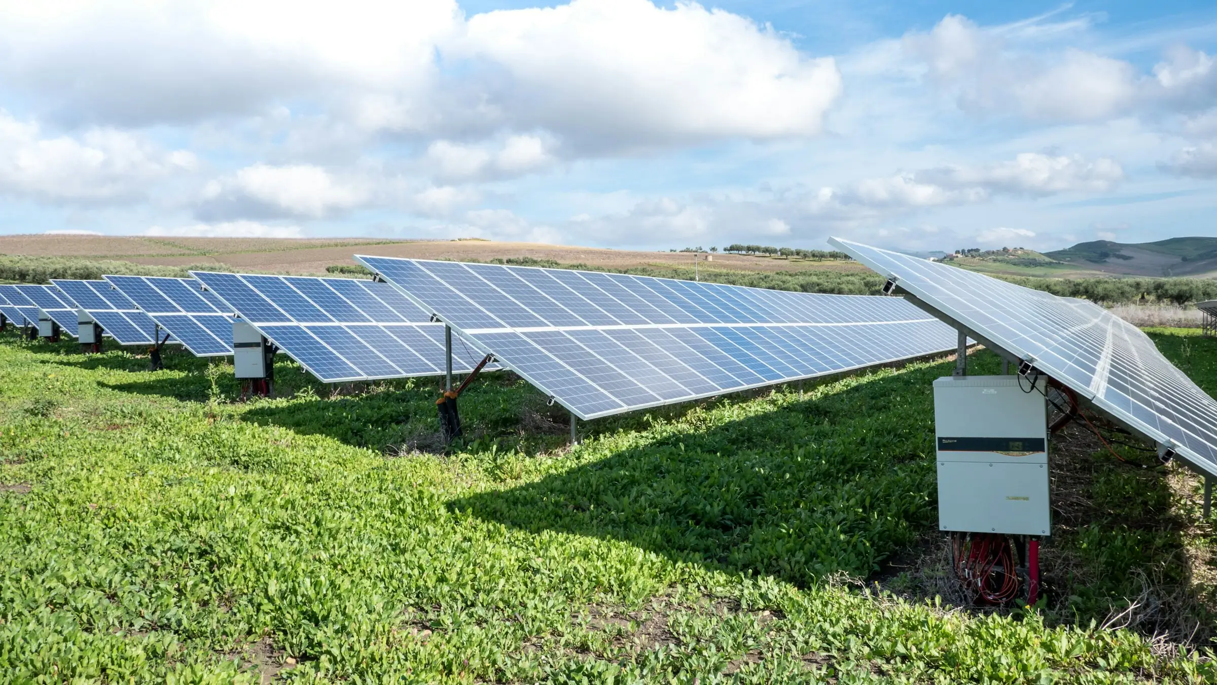 Rows of solar panels with an electrical box in a green field